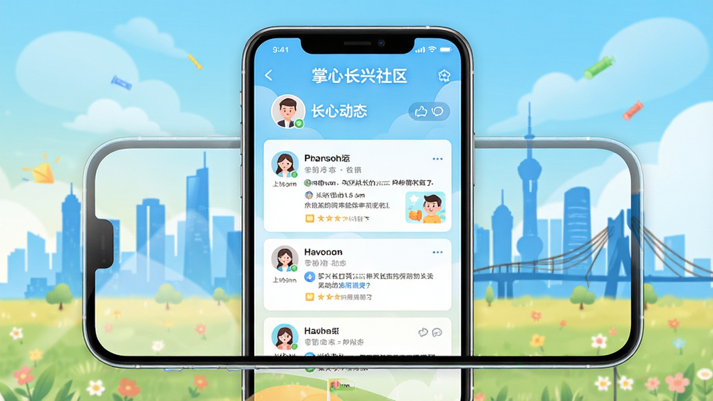 掌心长兴社区互动页面展示,用户头像和动态内容排列在手机屏幕上,背景为长兴城市剪影,社交互动氛围浓厚,设计风格活泼明快,画面干净无冗余,高清渲染