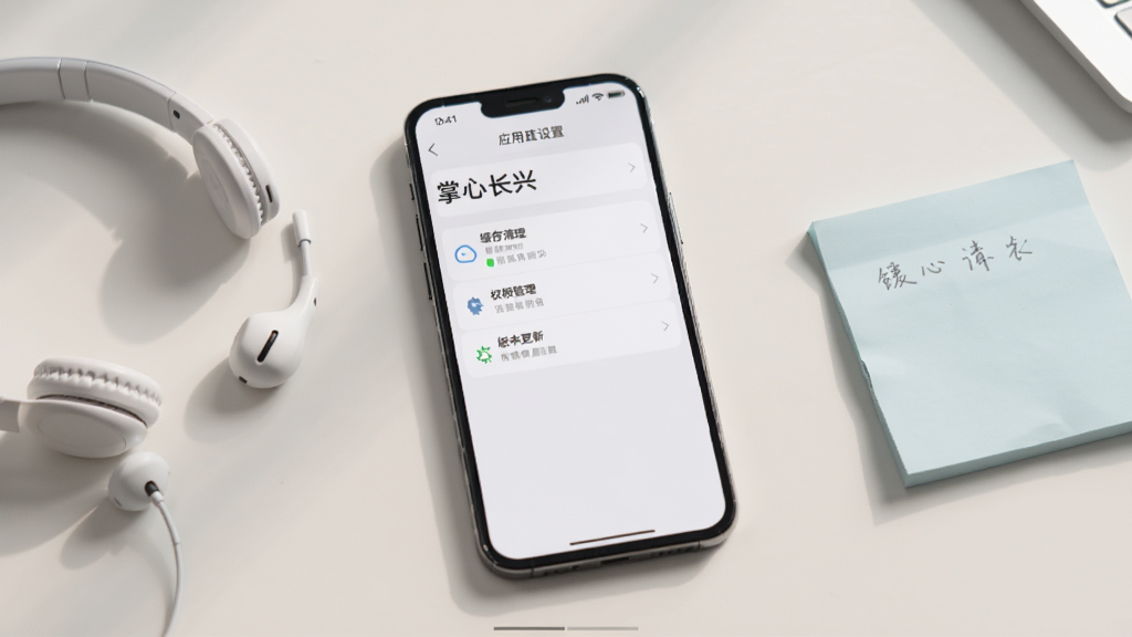 掌心长兴应用设置页面截图,展示缓存清理、权限管理、版本更新等选项,手机旁边放着耳机和便签纸,桌面整洁,柔和光线,画面干净,高清画质