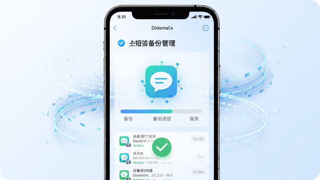 手机屏幕显示短信备份管理软件的一键备份界面,画面中央有备份进度条和短信图标,周围有数据流动的动画效果,背景为白色和淡蓝色,风格科技感简洁,细节包括短信列表缩略图和备份完成的对勾图标,画质清晰,干净,无多余元素