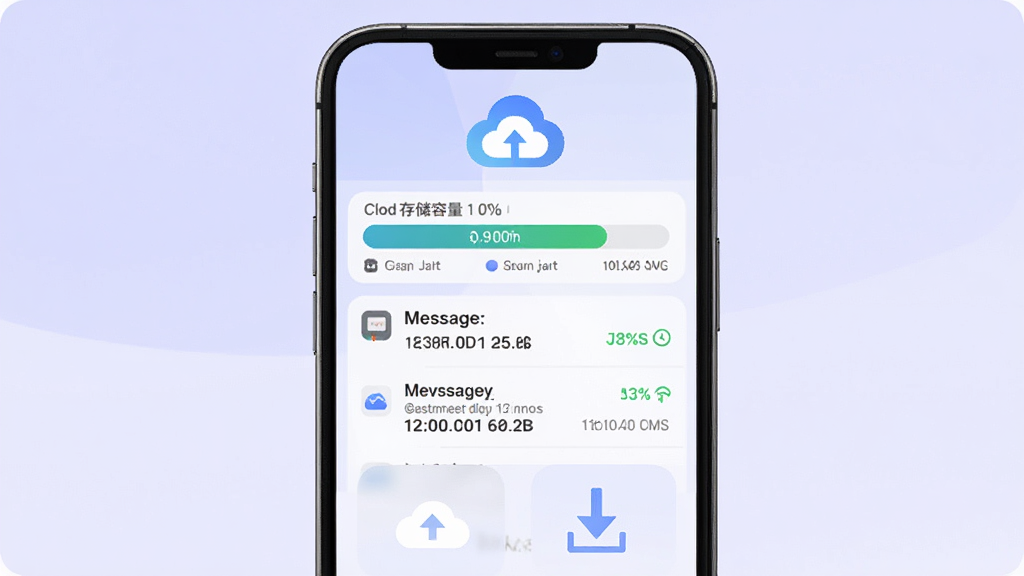手机屏幕展示短信备份管理软件的云端备份页面,画面中有云朵图标和短信列表,手机下方有上传和下载箭头,背景为淡紫色渐变,风格清新柔和,细节包括云端存储容量条和备份时间戳,画质清晰,干净,无多余元素