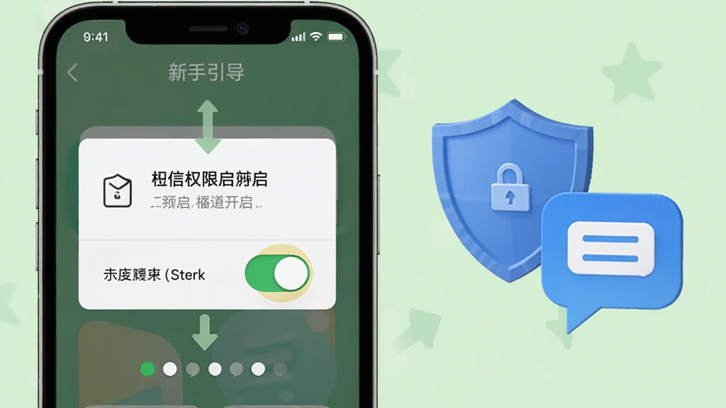 手机屏幕显示短信备份管理软件的新手引导界面,画面中有权限开启提示和步骤指示箭头,手机旁边有盾牌图标和短信图标,背景为浅绿色,风格友好清晰,细节包括权限开关按钮和进度圆点,画质清晰,干净,无多余元素
