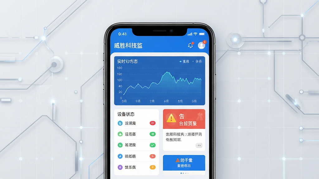 ��ʤ�Ƽ�APP������Ԥ��ͼ����������չʾһ�������ֻ����ֻ���Ļ�ڳ�����ɫ���ɫΪ������Դ���ݼ�ؿ��壬����ʵʱ�������ߡ��豸״̬�б���澯��ʾ��Ƭ������Ϊǳ��ɫ�Ƽ��������������岼�ּ������������ִ�����ϸ�ڰ�������ͼ����ͼ�갴ť�����ʸ��壬����ɾ����޶���Ԫ��