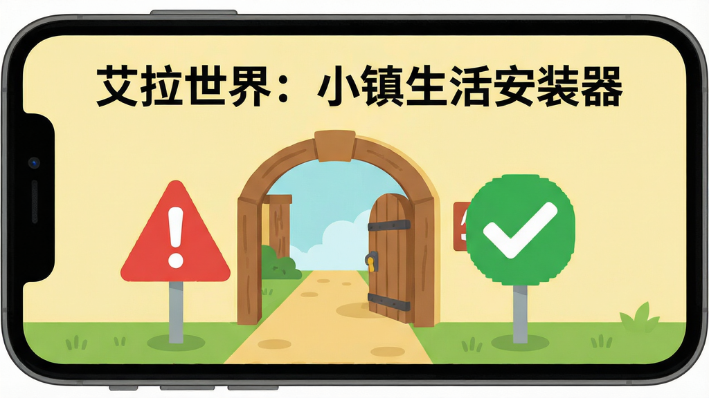 手机屏幕显示一个卡通小镇入口,旁边有红色警告标志和绿色对勾图标,背景为浅黄色,风格扁平化,细节清晰,画质干净,无多余元素,图中文字标注“艾拉世界:小镇生活安装器”