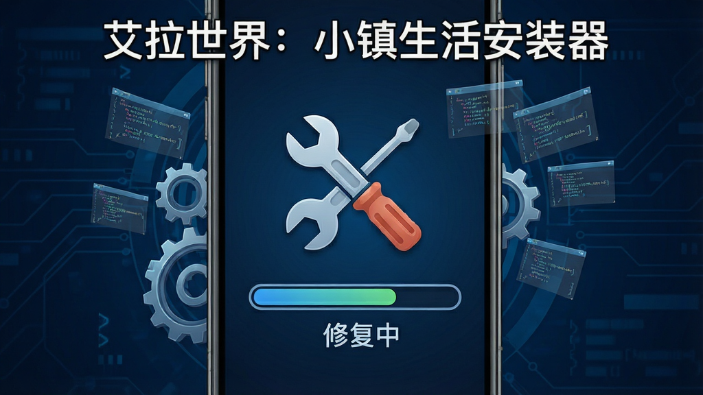 手机屏幕显示一个扳手和螺丝刀交叉的图标,下方有进度条和“修复中”字样,周围有齿轮和代码碎片飘浮,背景为深蓝色科技风格,细节丰富,画质清晰,无多余元素,图中文字标注“艾拉世界:小镇生活安装器”
