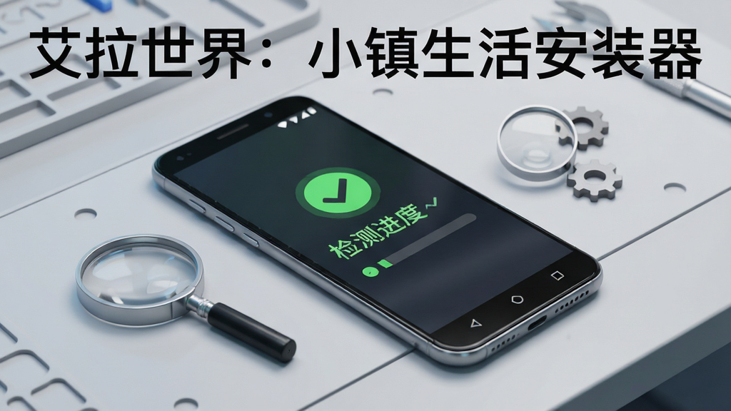 一部安卓手机平放在桌面上,屏幕显示检测进度条和绿色对勾图标,旁边有放大镜和齿轮元素,背景为浅灰色工作台,风格简洁科技感,细节清晰,画质干净,图中文字标注“艾拉世界:小镇生活安装器”