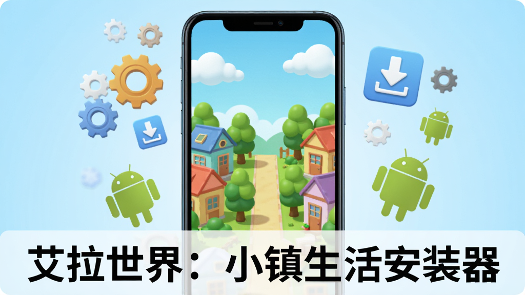 画面中央放置一部智能手机,手机屏幕上显示一座卡通风格的小镇,有彩色房屋、绿树和蓝天白云,手机周围漂浮着齿轮、下载箭头和安卓机器人图标,背景为浅蓝色渐变,整体风格清新明快,细节丰富,画质清晰干净,无多余元素,图中文字标注“艾拉世界:小镇生活安装器”