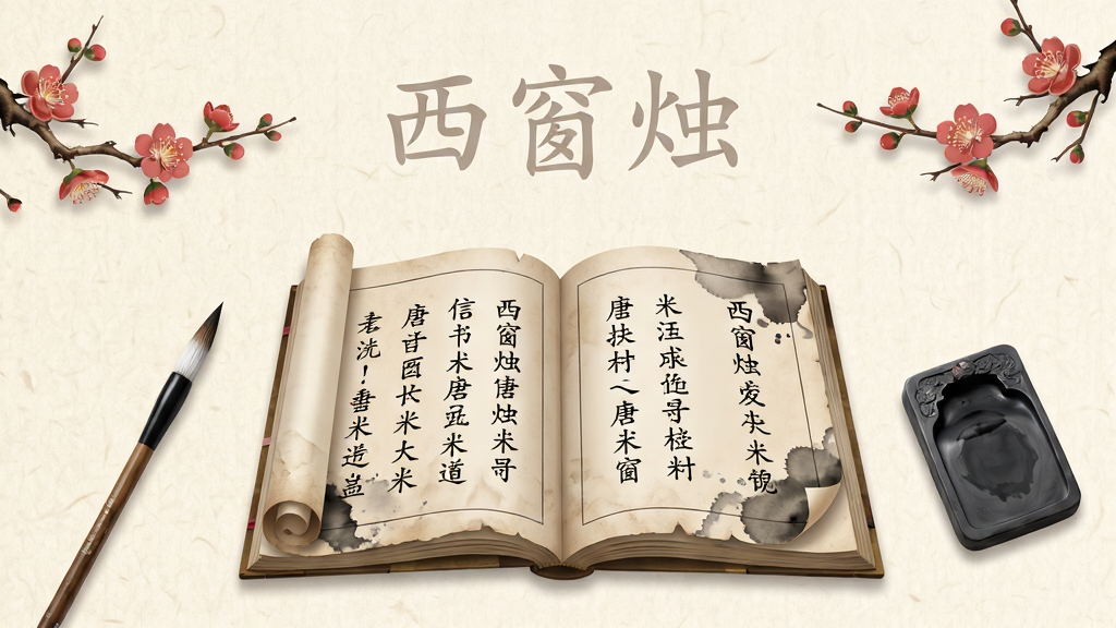 一款名为西窗烛的手机应用界面展示,画面中央是一本展开的古风书籍,书页上浮现出唐诗宋词的精美排版,周围环绕着毛笔、砚台、梅花等中国传统文化元素,背景为淡雅的米黄色宣纸纹理,整体风格古典雅致,布局上书籍位于画面中心偏下位置,上方留白处隐约可见西窗烛三字,细节包括书页边缘的卷曲质感与墨迹晕染效果,画质清晰,干净无多余元素