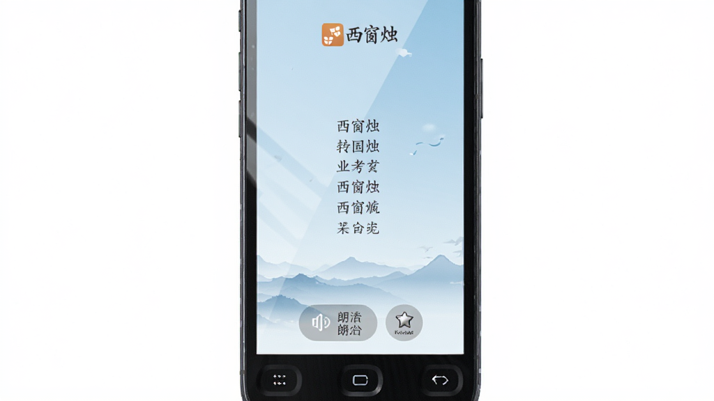 西窗烛每日精选推送的手机界面,画面中一部手机屏幕显示着一首宋词,背景为淡蓝色天空与远山轮廓,屏幕上方有西窗烛的标识,下方配有朗读按钮与收藏图标,布局简洁,风格清新淡雅,细节处可见屏幕反光与按键质感,画质清晰,干净无多余元素