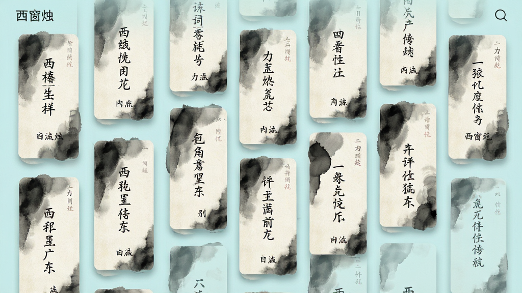 西窗烛应用内的诗词列表界面,画面以淡青色为背景,展示了一排排竖排的古诗词卡片,每张卡片上写有诗词名句与作者姓名,卡片边缘带有水墨晕染效果,布局采用错落有致的瀑布流形式,风格清新雅致,细节处可见卡片阴影与纸张纹理,画质清晰,干净无多余元素
