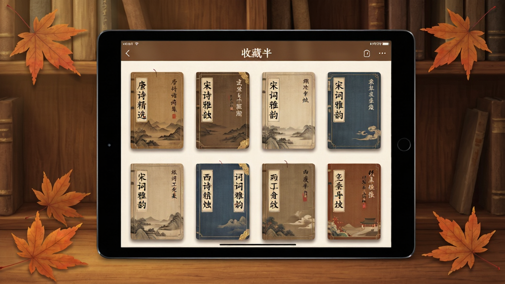 西窗烛离线阅读与收藏功能的界面展示,画面中一部平板电脑显示着收藏夹页面,页面内有多本古风封面的诗词集,每本封面上写有集名如唐诗精选宋词雅韵等,背景为木质书架纹理,布局上平板居中,周围散落几片枫叶,风格古朴温馨,细节处可见书籍立体感与光影效果,画质清晰,干净无多余元素