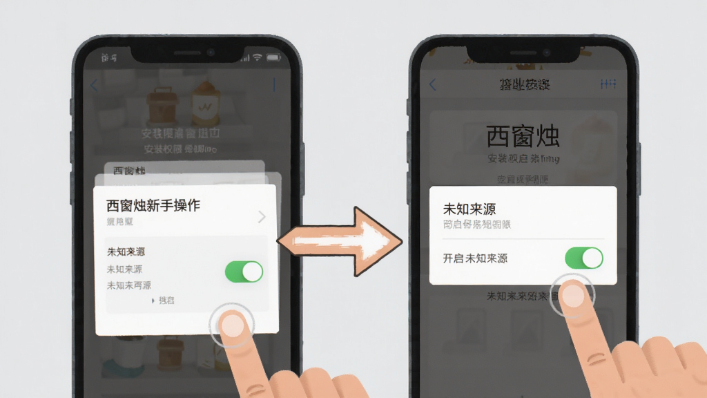 西窗烛新手操作示意图,画面中一部智能手机显示着安装权限设置界面,旁边有箭头指向开启未知来源的开关,背景为淡灰色,布局简洁明了,风格扁平化插画,细节处可见手指点击屏幕的动作,画质清晰,干净无多余元素