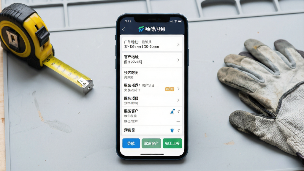 一张展示师傅闪到订单管理界面的图片。主体为手机屏幕,显示订单详情页,包含客户地址、预约时间、服务项目列表,底部有“导航”、“联系客户”、“完工上报”按钮。布局为手机正面展示,背景为浅灰色工作台,旁边放着卷尺和手套。风格为写实产品展示。细节上,屏幕顶部显示“师傅闪到”LOGO。画质高清,干净,无多余元素。