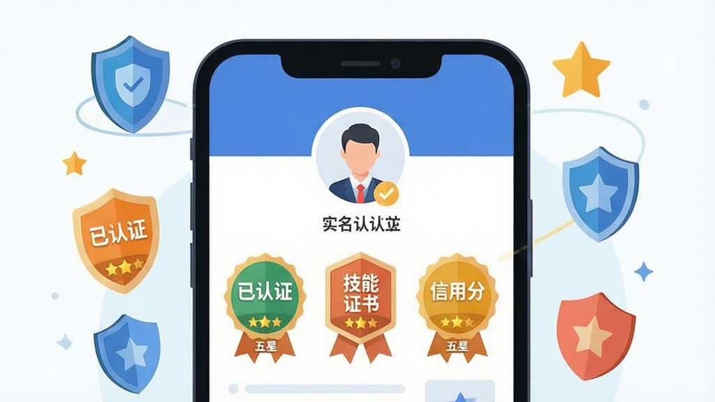 一张展示师傅闪到技能认证体系的抽象图。主体为手机屏幕,显示个人主页,有“实名认证”、“技能证书”、“信用分”等徽章图标。布局为手机屏幕特写,周围有盾牌和星星图标环绕。风格为扁平化插画风。细节上,徽章上写着“已认证”和“五星”。画质清晰,干净,无多余元素。