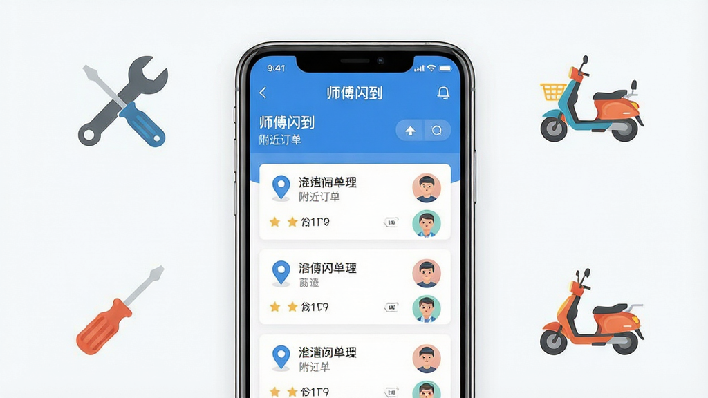 一张展示师傅闪到软件核心功能的宣传图。主体为一部智能手机,屏幕上显示师傅闪到APP的接单大厅界面,有多个订单卡片列表,包含地图定位图标和师傅头像。布局采用手机居中,周围环绕着工具图标如扳手、螺丝刀、电动车。排版简洁,风格为现代扁平化科技风。细节上,手机屏幕内文字显示“师傅闪到”和“附近订单”。画质高清,干净明亮,无多余元素。
