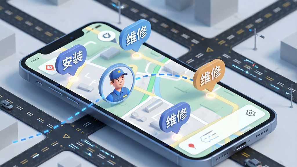 一张展示师傅闪到智能派单功能的示意图。主体为手机屏幕,显示地图界面,地图上有多个订单气泡标记,一个师傅头像正通过虚线连接到最近的订单。布局为手机斜放,背景是城市道路网格。风格为3D渲染科技感。细节上,订单气泡上有“安装”、“维修”字样。画质清晰,干净,无多余元素。