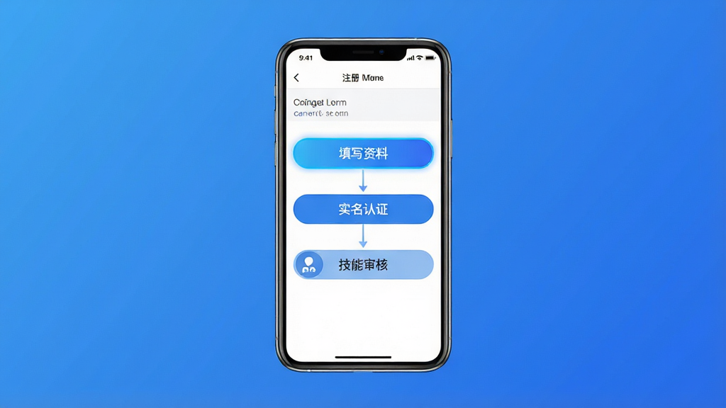 一张展示师傅闪到入驻流程的步骤图。主体为手机屏幕,显示注册页面,有“填写资料”、“实名认证”、“技能审核”三个步骤条。布局为手机居中,背景是简洁的蓝色渐变。风格为UI设计展示。细节上,步骤条高亮显示当前步骤。画质清晰,干净,无多余元素。