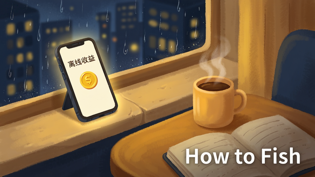 画面描绘一个温馨的房间角落,窗台上放着一部手机,手机屏幕显示“离线收益”字样和金币图标,窗外是夜晚的城市灯光,桌上有一杯热饮和一本翻开的笔记本,画面右下角用白色字体写着“How to Fish”,风格为温馨生活插画,色彩以暖黄和深蓝为主,细节包括窗玻璃上的雨滴和手机的微光,画质柔和,干净无多余元素