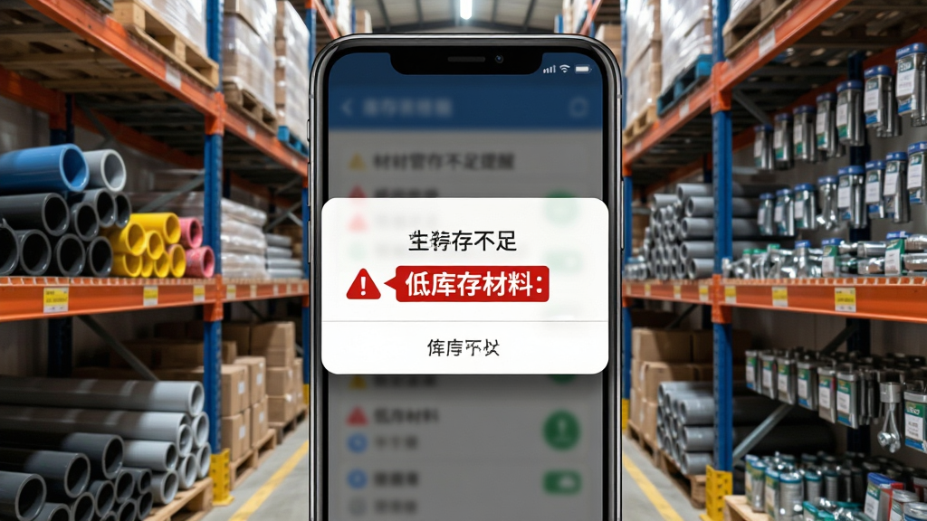 材路管家库存预警功能展示,画面展示手机屏幕弹出库存不足提醒弹窗,弹窗内用红色标注低库存材料名称,背景为建材仓库通道,两侧货架摆放各类管材与五金件,构图采用手机特写居中布局,风格为功能演示风,细节处体现弹窗阴影与警示图标,画质高清,干净无多余元素