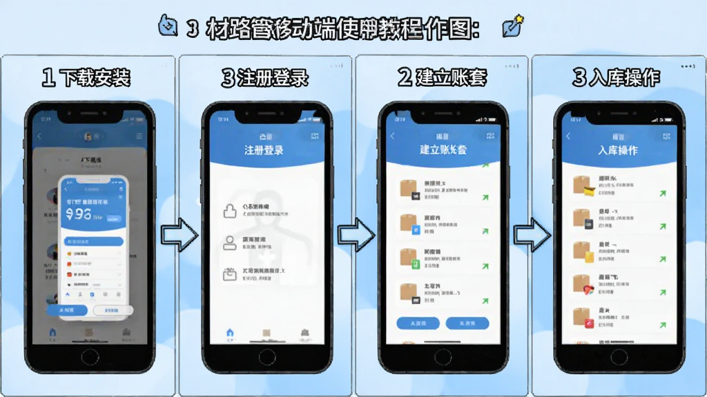 材路管家移动端使用教程示意图,画面展示手机屏幕分步骤截图,依次为下载安装、注册登录、建立账套、入库操作四个画面,背景为浅蓝色渐变底色,构图采用四格漫画式排版,风格为教程图解风,细节处体现步骤序号与箭头指引,画质清晰,干净无多余元素