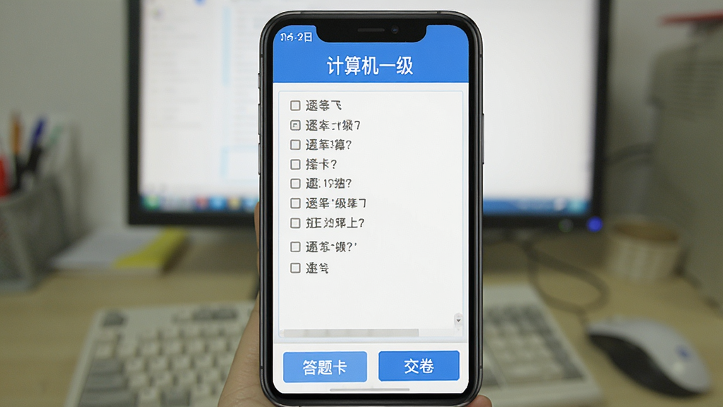 计算机一级软件主界面截图,手机屏幕展示题库练习页面,顶部显示软件名称“计算机一级”,中间为选择题答题区域,底部有答题卡和交卷按钮,整体界面简洁清晰,蓝白配色,学习氛围浓厚,画质干净,无多余元素