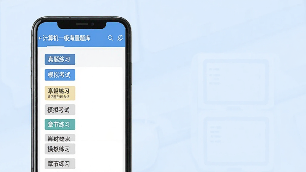 计算机一级海量题库展示图,手机屏幕中呈现题库列表,分类标签清晰可见,包含“真题练习”“模拟考试”“章节练习”等选项,背景为淡蓝色,界面排版整齐,风格简约商务,画质清晰,干净无多余元素