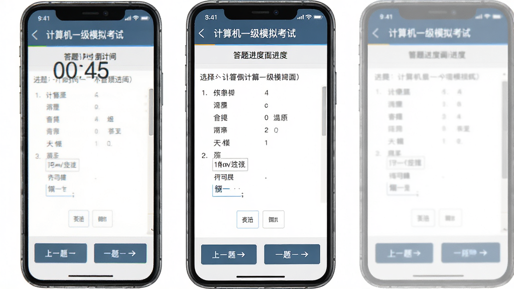 计算机一级模拟考试界面截图,手机屏幕显示考试倒计时和答题进度,题目区域清晰展示选择题内容,底部有上一题下一题按钮,界面风格严谨,配色沉稳,突出考试氛围,画质干净,无多余元素