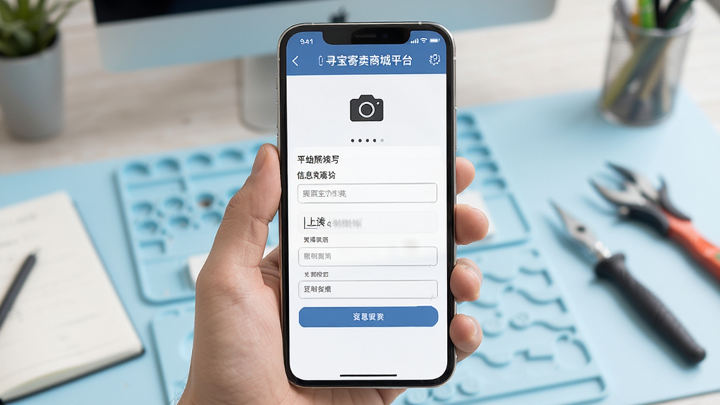 寻宝寄卖商城平台寄卖发布界面,手机屏幕显示拍照上传与信息填写表单,背景为淡蓝色工作台场景,风格简洁商务,细节包含相机图标与输入框,画质高清,干净无多余元素