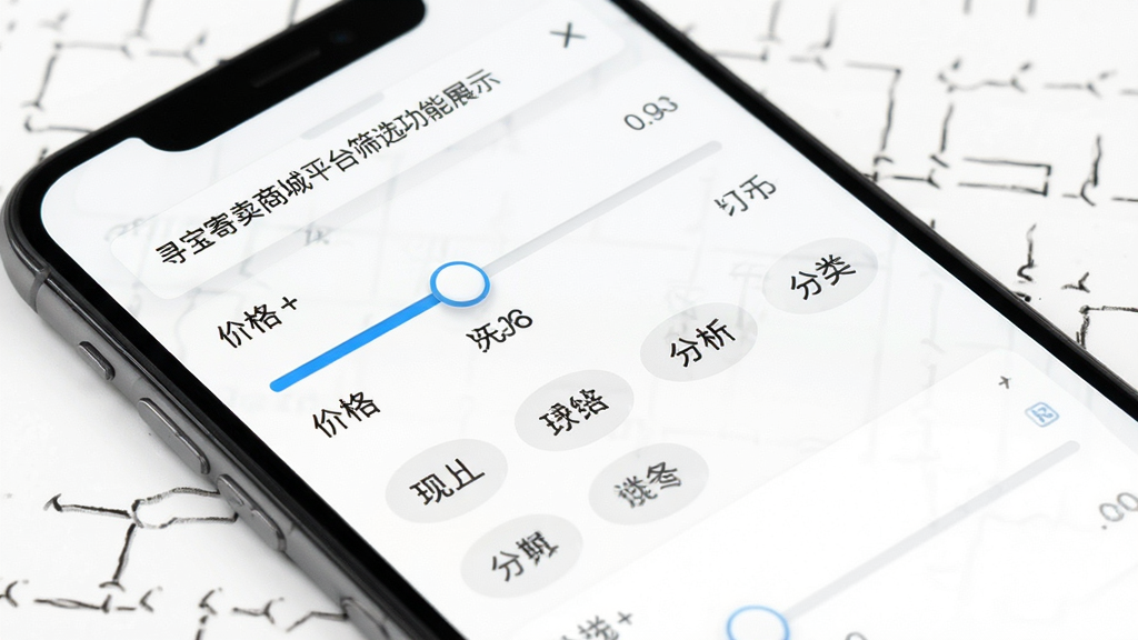 寻宝寄卖商城平台筛选功能展示图,手机屏幕呈现多条件筛选面板,包含价格滑块与分类标签,背景为白色简约风格,细节清晰,画质锐利,干净无多余元素