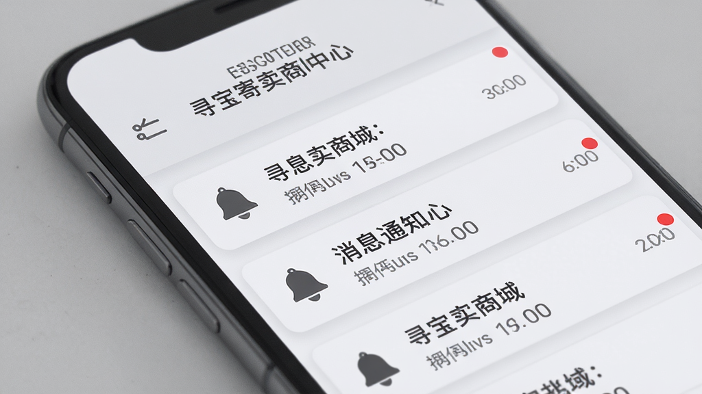 寻宝寄卖商城平台消息通知中心界面,手机屏幕显示消息列表与红点提醒,背景为浅灰色调,风格干净利落,细节包含铃铛图标与时间戳,画质清晰,无多余元素