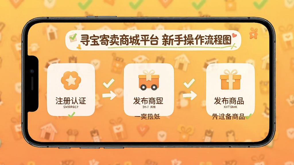 寻宝寄卖商城平台新手操作流程图,手机屏幕展示注册认证到发布商品的步骤引导,背景为暖色渐变,风格友好亲切,细节包含箭头指示与勾选标记,画质清晰,干净无多余元素