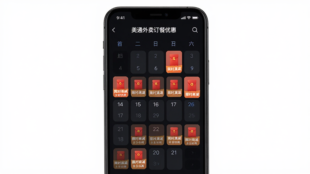 一张以“美通外卖订餐优惠”活动日历为主题的界面截图,画面展示手机屏幕上的日历视图,特定日期标注红包图标和“限时满减”字样,背景为深色夜间模式,整体风格简约科技感,排版整齐,画质清晰,无杂乱元素