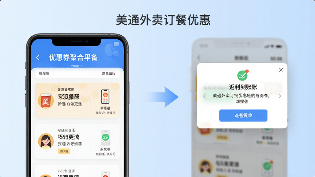 一张展示“美通外卖订餐优惠”核心功能的场景图,画面左侧为优惠券聚合面板,右侧为返利到账提醒弹窗,中间用箭头连接表示流程,背景为淡蓝色渐变,风格简洁现代,细节清晰,画质干净,无多余装饰元素