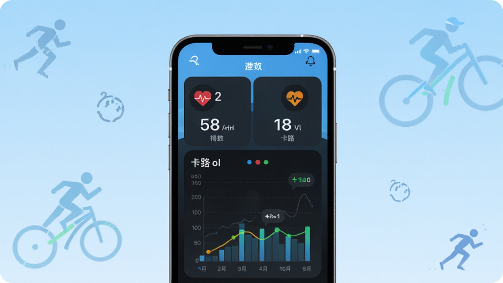 QRunning应用主界面展示,主体为一部智能手机屏幕,屏幕中显示运动数据仪表盘与图表,布局采用居中构图,背景为浅蓝色渐变与运动元素点缀,风格为现代简约科技风,细节包含步数、心率、卡路里等图标,画质清晰,干净,无多余元素
