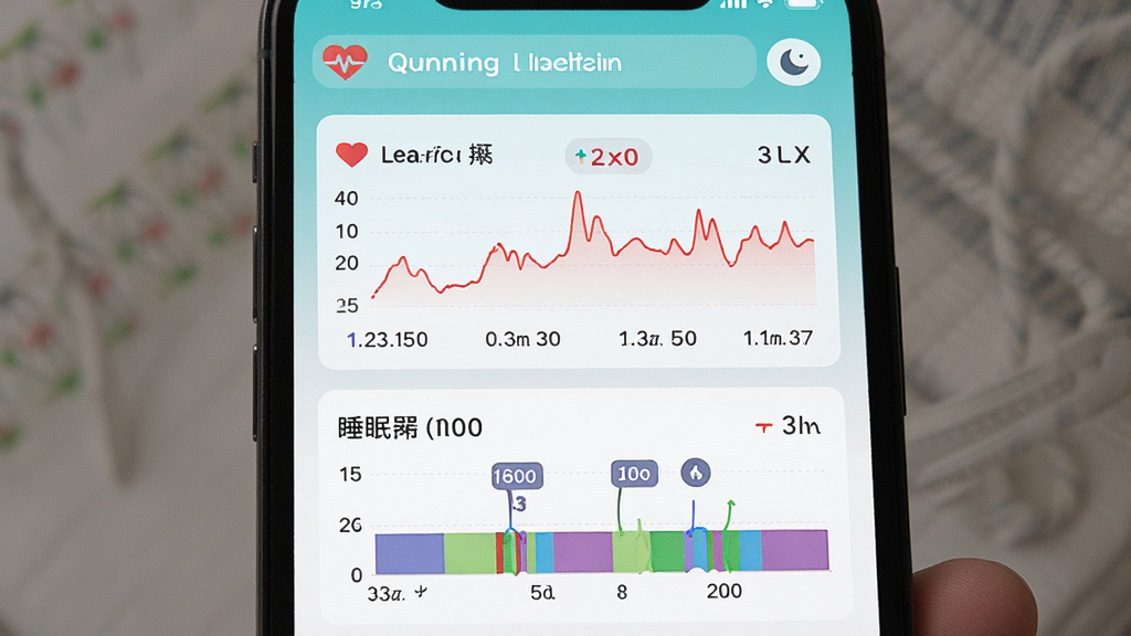 QRunning健康监测界面展示,主体为手机屏幕显示心率曲线与睡眠阶段图,布局为上下分层,排版清晰,风格为清新健康风,细节包含心形图标、月亮图标、数据标签,画质清晰,干净,无多余元素