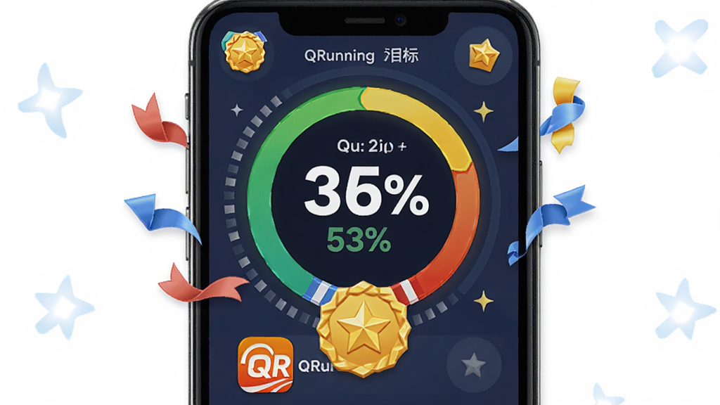 QRunning运动目标设定界面,主体为手机屏幕显示目标进度环与奖章,布局为居中圆形构图,排版活泼,风格为卡通激励风,细节包含数字百分比、彩带、QRunning应用图标,画质清晰,干净,无多余元素