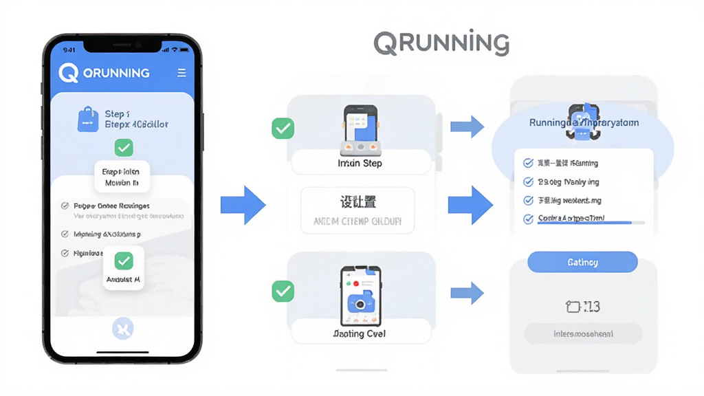 QRunning使用教程示意图,主体为手机屏幕显示安装步骤与权限设置界面,布局为分步流程图,排版清晰,风格为扁平化教程风,细节包含勾选图标、箭头、QRunning标志,画质清晰,干净,无多余元素