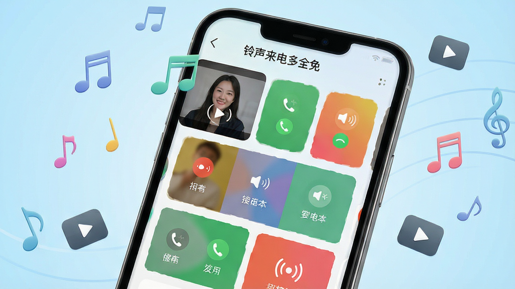 一张展示智能手机屏幕的图片,屏幕上显示“铃声来电多全免”应用主界面,界面中有多个来电视频和铃声的缩略图方块,色彩鲜艳,布局整齐。背景是柔和的浅蓝色渐变,手机周围环绕着音符和视频播放图标,风格清新明快,细节清晰,画质高清,干净无多余元素。