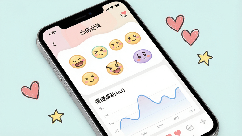 一张展示“心知”App内“情绪记录”功能的界面图。画面主体是一部手机,屏幕内显示着色彩柔和的情绪记录页面,有可爱的表情图标供用户选择心情,下方是一个显示情绪波动曲线的图表。布局清晰,排版整洁。风格清新可爱,色调以马卡龙色系为主。细节上,手机旁边散落着几个手绘风格的爱心和星星。画质高清,干净,无多余元素。
