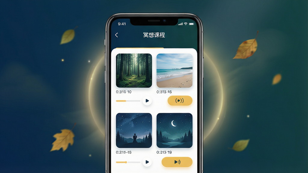 一张展示“心知”App内“冥想练习”功能的界面图。画面主体是一部手机,屏幕内显示着冥想课程列表,课程封面图是宁静的自然风景,如森林、海滩、星空,每个课程下方有播放时长和播放按钮。布局清晰,排版整洁。风格宁静治愈,色调以深蓝、墨绿和暖黄为主。细节上,手机周围有飘落的树叶和轻柔的光晕。画质高清,干净,无多余元素。