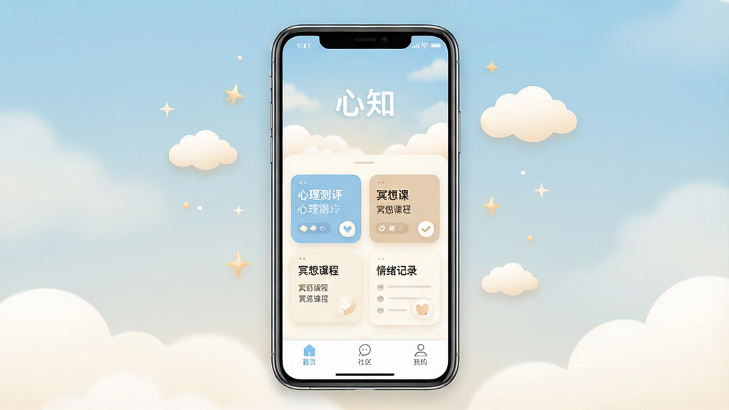 一张展示“心知”应用核心界面的手机样机图。画面主体是一部竖屏智能手机,屏幕内清晰地展示着“心知”App的主页,页面上方有柔和的天空背景和“心知”Logo,中部排列着心理测评、冥想课程、情绪记录等功能卡片,底部导航栏显示首页、社区、我的等图标。布局简洁,排版舒适。整体风格温暖治愈,色调以浅蓝和米白为主。细节上,手机周围有淡淡的云朵和星光点缀,画质高清,干净清爽,无多余元素。