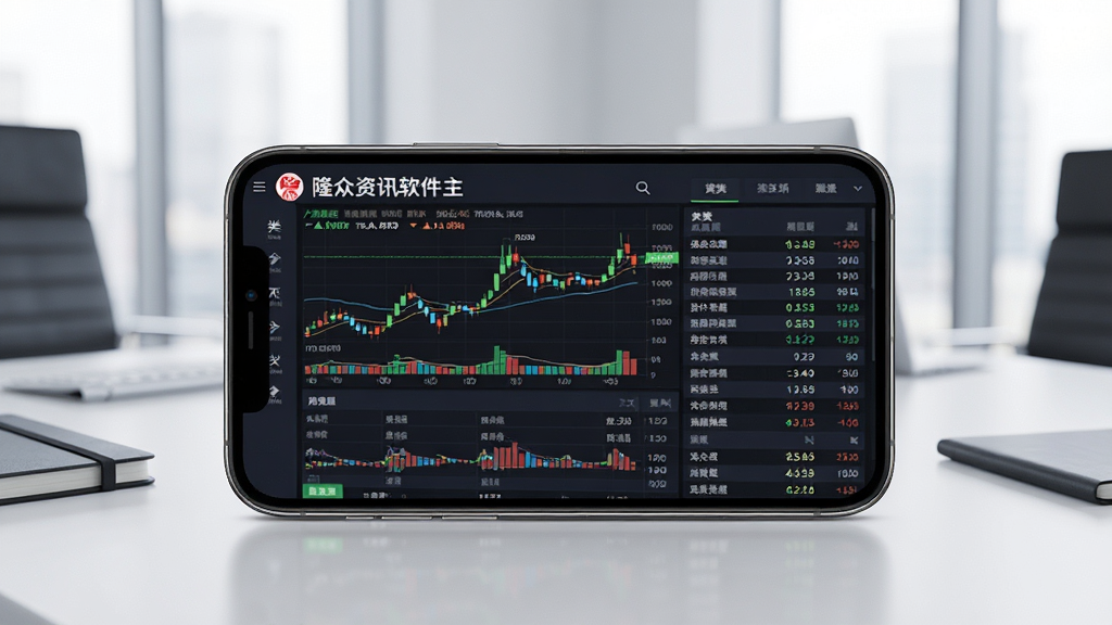一张展示隆众资讯软件主界面的图片,画面中央是手机屏幕,屏幕上显示着大宗商品价格走势图与数据列表,背景是简洁的办公室桌面,布局为居中构图,风格为现代商务科技感,细节包括屏幕上的K线图、数字指标、分类标签,画质清晰,干净,无多余元素