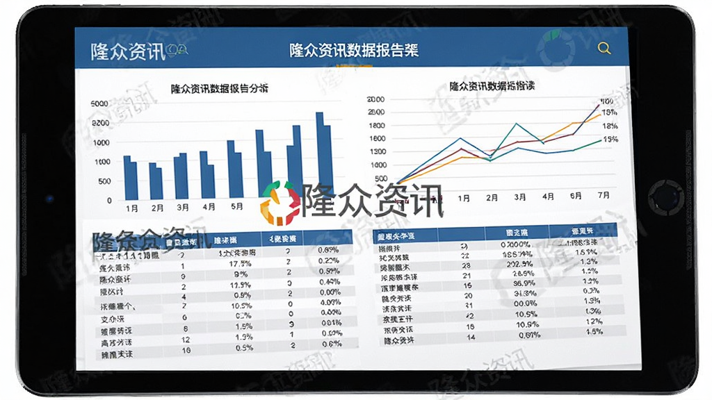一幅展示隆众资讯数据报告阅读界面的图片,主体是平板电脑屏幕显示多张数据图表与文字分析,布局为横向排版,风格为专业研究报告风格,细节包括柱状图、折线图、表格以及“隆众资讯”水印,画质清晰,干净,无多余元素