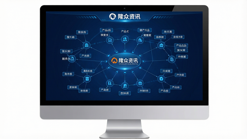 一幅展示隆众资讯产业链全景图功能的图片,主体是电脑屏幕上的交互式产业链图谱,布局为网状结构图,风格为科技蓝调数据可视化,细节包括节点图标、连接线、产品名称标签以及“隆众资讯”Logo,画质高清,干净,无多余元素