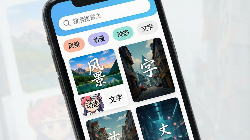 手机屏幕中展示“免费主题壁纸大全”应用内的分类页面,主体为分类图标和缩略图瀑布流,布局为顶部搜索栏、中部横向分类标签、下方双列壁纸预览,风格为明亮活泼的卡片式设计,细节包含“风景”“动漫”“动态”“文字”等分类标签,画质清晰,干净,无多余元素