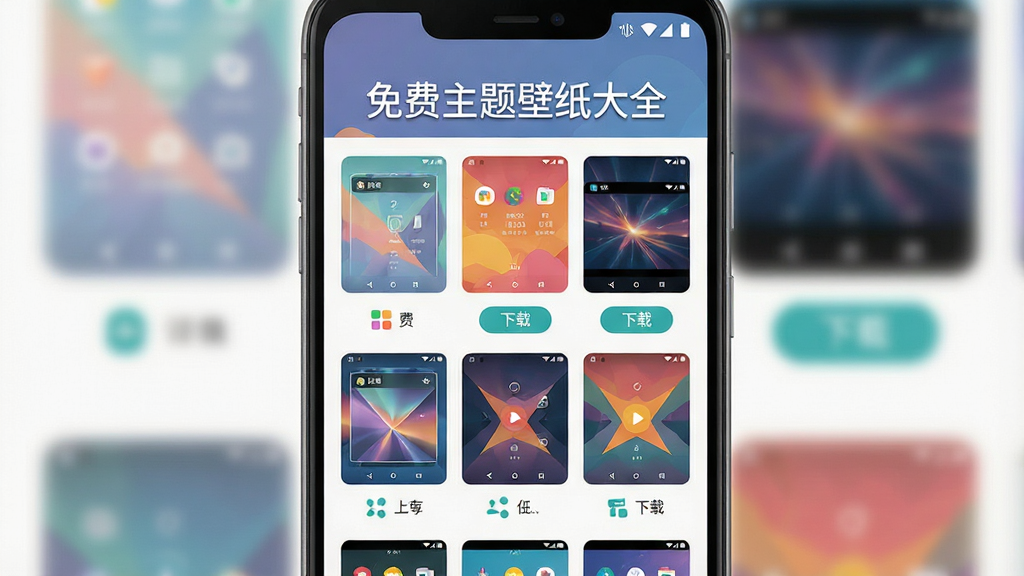 一部安卓手机正面展示着色彩斑斓的主题壁纸界面,主体为手机屏幕特写,布局居中,排版为上方标题“免费主题壁纸大全”下方网格状壁纸缩略图,风格为清新扁平化设计,细节包含多种壁纸分类图标、动态预览小窗、下载按钮,画质高清,干净,无多余元素