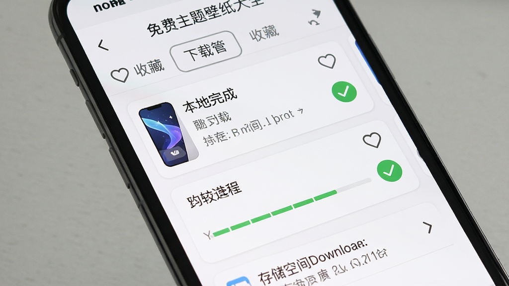 手机屏幕展示“免费主题壁纸大全”的收藏夹与下载管理页面,主体为收藏列表和下载进度条,布局为顶部标签切换、中部卡片列表、底部存储空间提示,风格为简洁实用风格,细节包含心形收藏图标、下载完成对勾、本地存储路径,画质清晰,干净,无多余元素