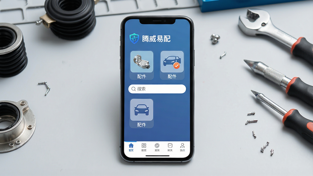 一张展示手机屏幕的图片,屏幕中显示“腾威易配”应用主界面,界面包含配件分类图标、搜索框和底部导航栏,背景为浅灰色工作台环境,旁边放置汽车配件和工具,整体风格简洁明亮,细节清晰,画质干净,无多余元素