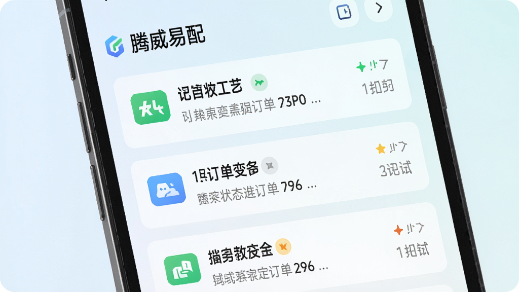 手机屏幕展示“腾威易配”消息通知列表,每条通知包含订单状态变化说明,界面清爽,背景为浅色渐变,风格现代,画质清晰,无多余元素