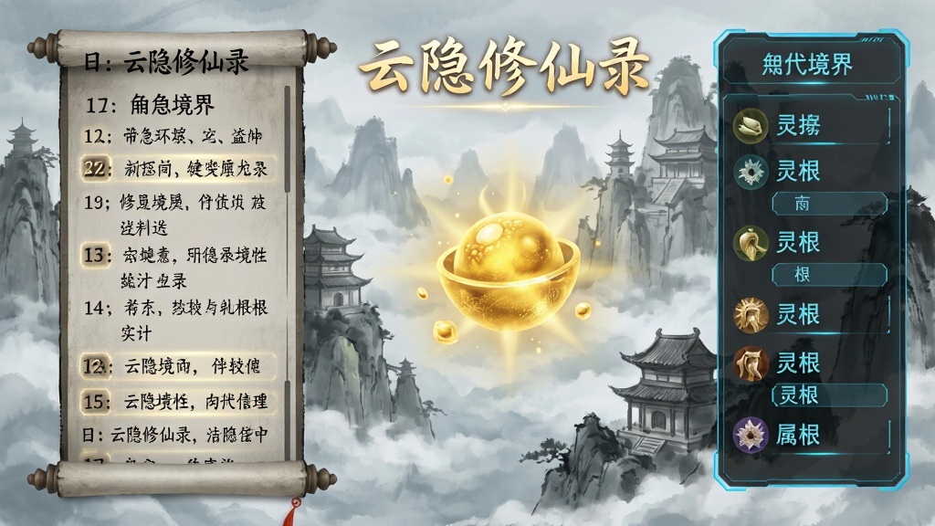 一张以“云隐修仙录”为主题的竖版插画,画面左侧为文字日志滚动面板,右侧为角色境界与灵根属性面板,中央有一枚散发金光的金丹虚影,背景是云雾缭绕的仙山楼阁,风格为国风水墨与赛博文字面板混搭,排版错落有致,细节上文字面板有淡淡光晕,画质高清,干净无多余元素