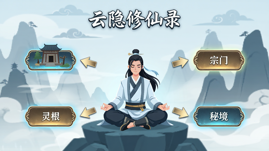 画面展示“云隐修仙录”新手引导界面,中央是一个打坐的修士角色,周围有箭头指向洞府、灵根、宗门、秘境四个功能按钮,背景为简洁的仙山剪影与云雾,风格为扁平化古风UI,排版清晰直观,细节上按钮有微光提示,画质高清,干净无多余元素